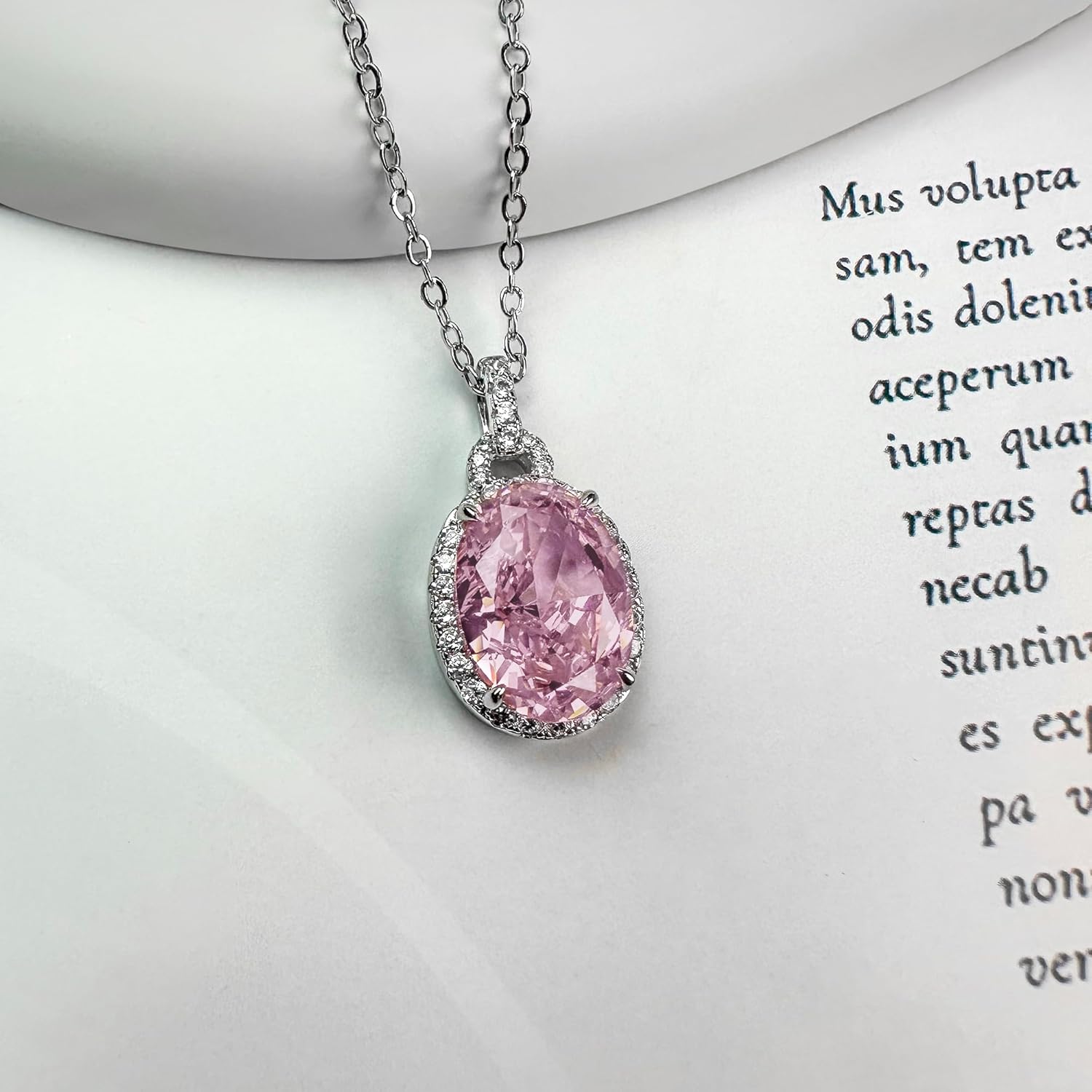 925 Sterling Silver Oval Pink Gemstone Necklace for Women Cubic Zirconia Halo Pendant Trendy Birthstone Jewelry Gift - Image 4