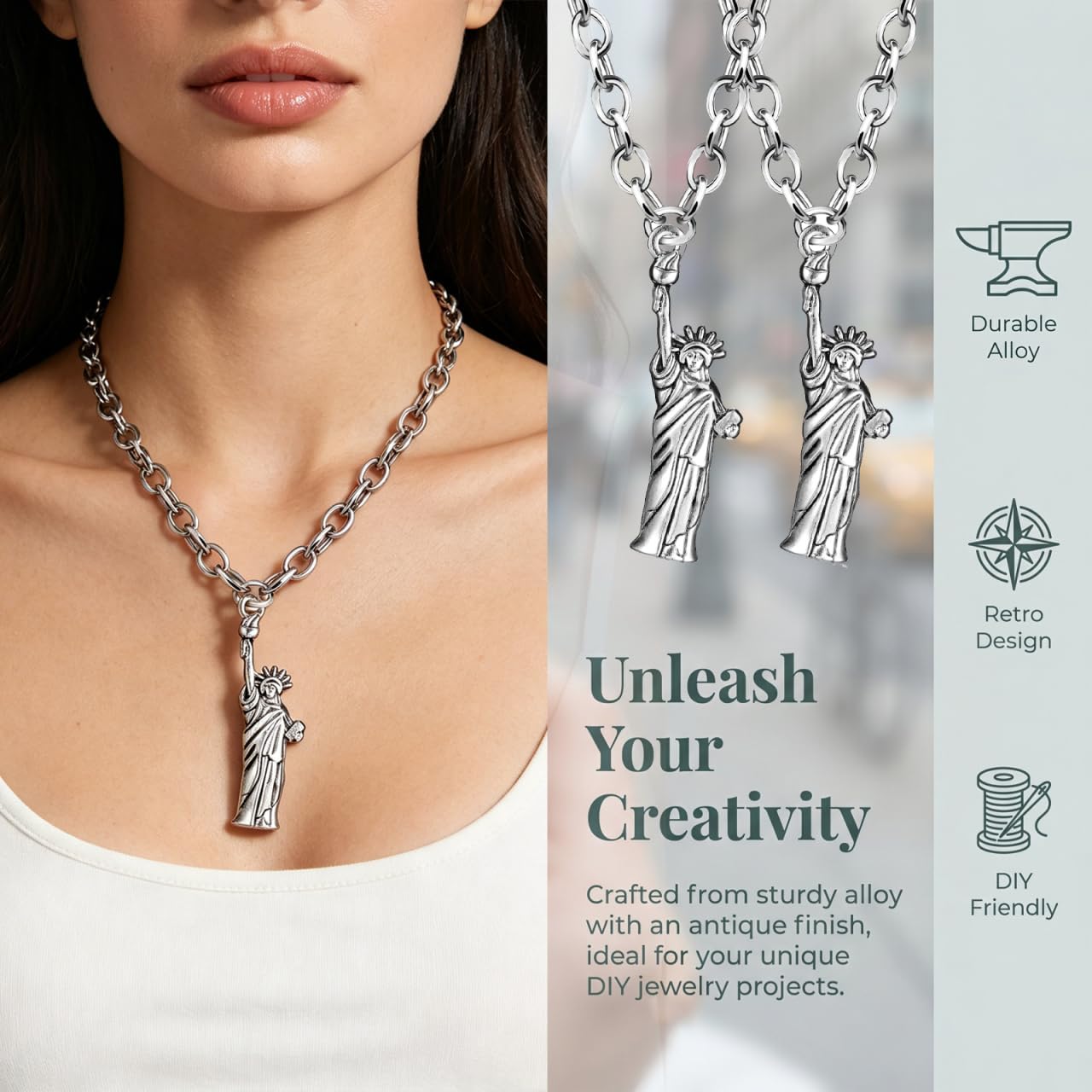 UOBESTY 50 Pack Statue of Liberty Charms, Antique Silver Alloy Pendants image 3