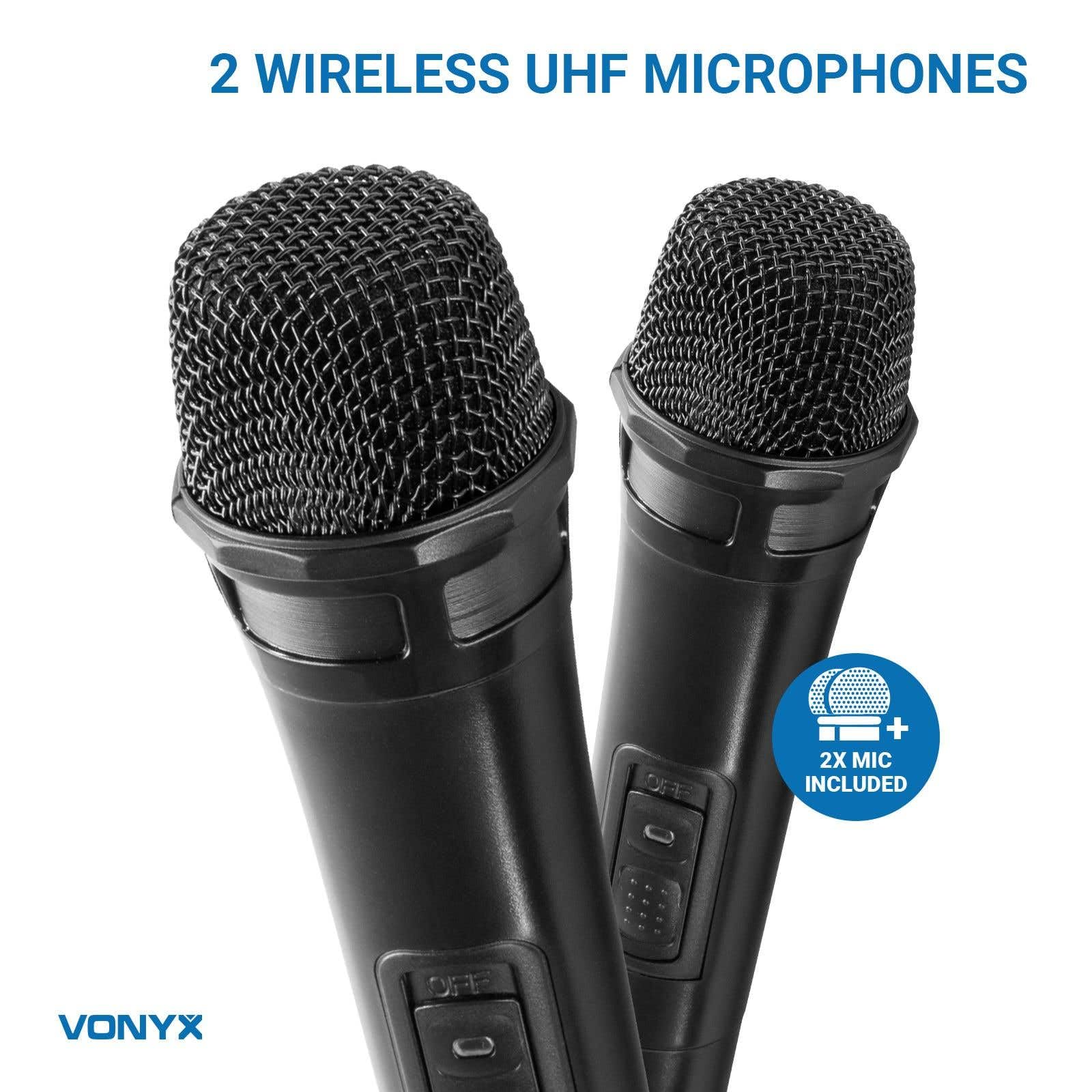 Vonyx AV510 PRO Karaoke Mikrofon Set mit 2X drahtlosen UHF Mikrofonen und Karaoke Mixer, KTV Set, Bluetooth Handmikrofon, Dynamisches Funkmikrofon System, für Zuhause, DJ, Kneipe - Schwarz