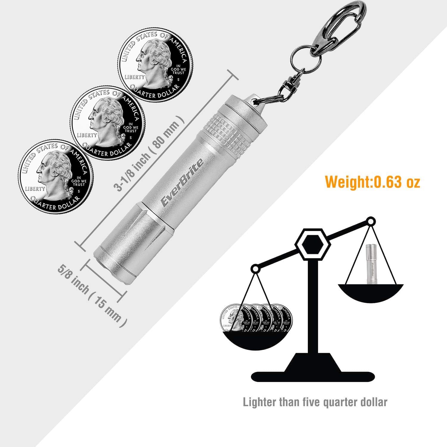 EverBrite Keychain LED Flashlight Mini Bright Keyring Portable Pocket Lights IPX4 Water Resistant AAA Battery Included Silvery, 3.1 Inch