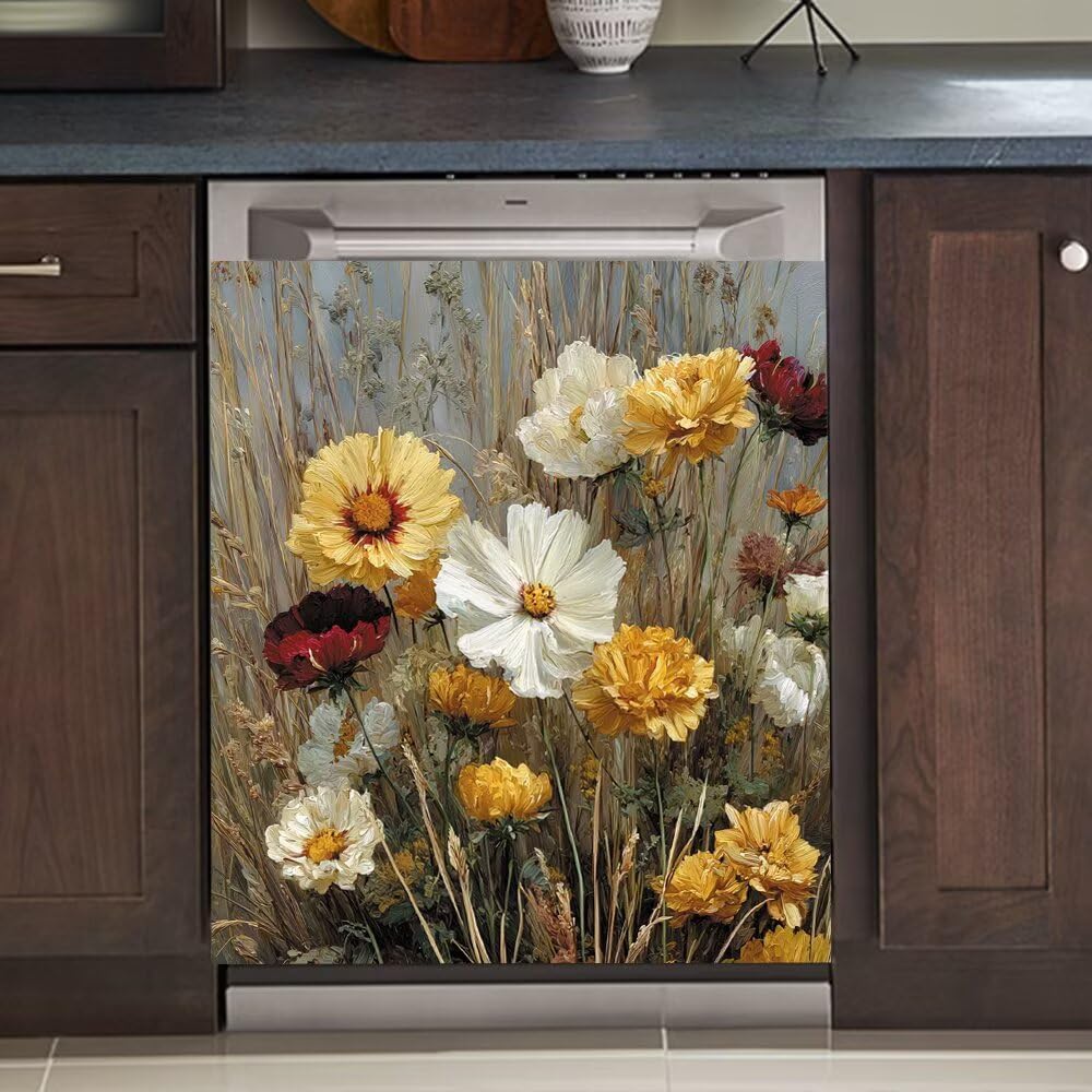 Wildflowers Dishwasher Magnet Cover, Magnetic Dishwasher Front Door Decal, Kitchen Appliance Panels Waterproof Magnets Sticker 23x26 Inch