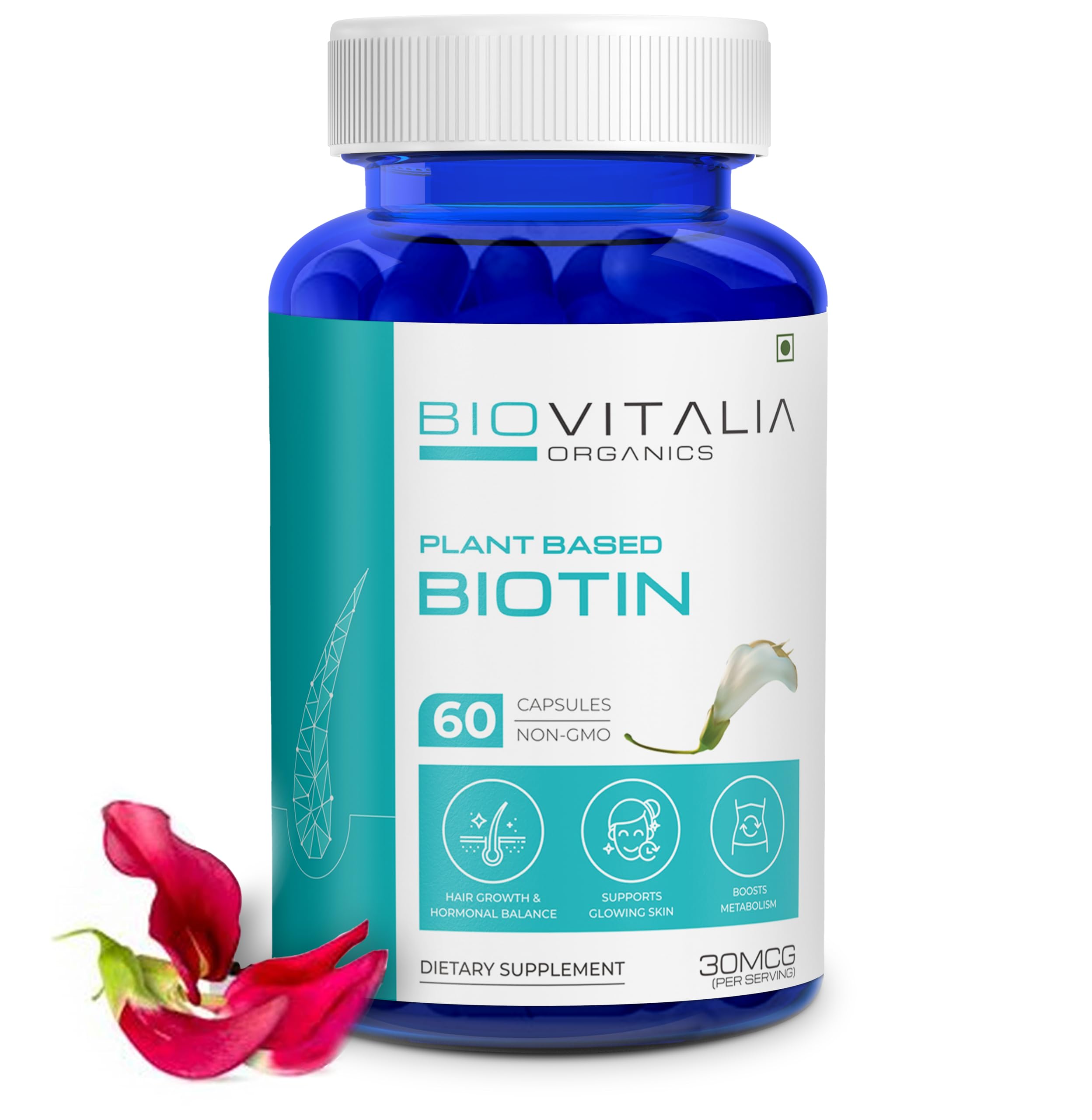 Biovitalia Organics Biotin 30mcg Capsule | Supports Hairs & Nails Growth | Promotes Hormonal Balance & Healthy Glowing Skin | Boosts Metabolism | Dietary Supplement for Men & Women - 60 Vegan Capsules
