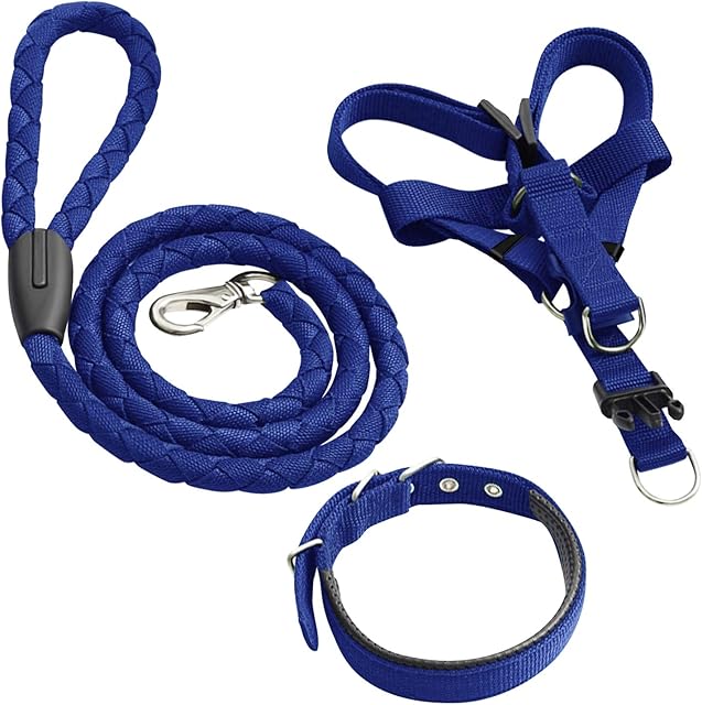 Ousuga Pet Collar Leash Harness Set Padded Soft Breathable Mesh Adjustable Nylon Pull Rope Long Lead Heavy Duty Training Set 3 Pack For Small Medium Large Dog PuppyBlue