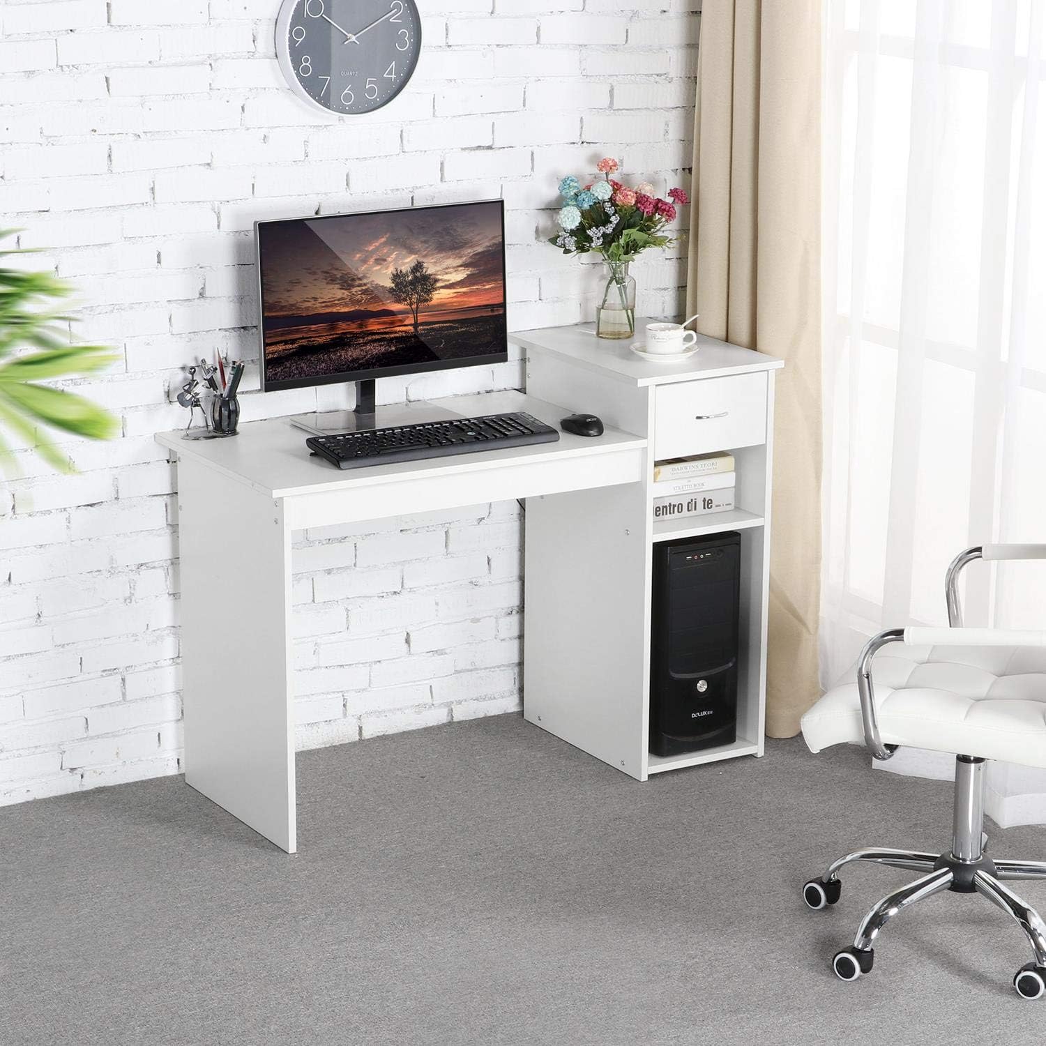 Topeakmart Small White Computer Desk with Drawers and Printer Shelves, Wood Study Writing Table Compact PC Laptop Workstation for Small Space Home Office