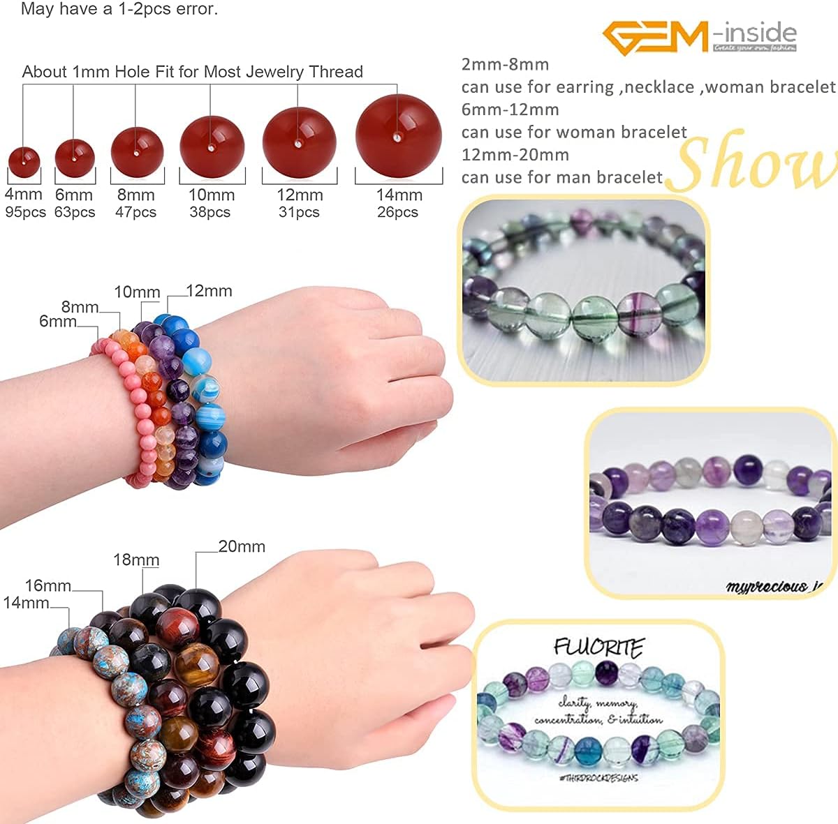 GEM-Inside Natural Rainbow Fluorite Gemstone Gem Loose Beads Natural AAA Grade 12mm Crystal Energy Stone Power Beads for Jewelry Making 15"