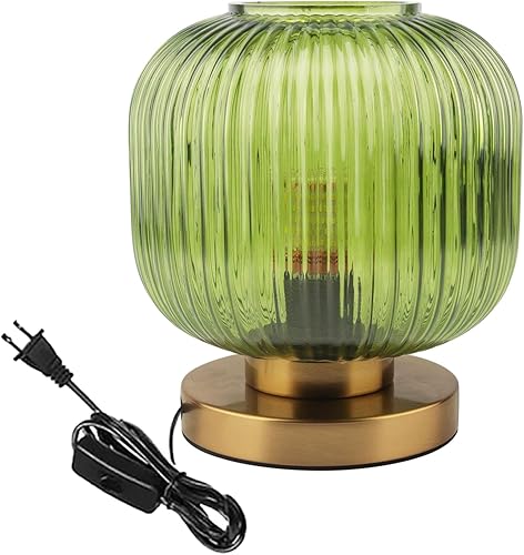 Lámpara de mesa de cristal verde de mediados de siglo moderna lámpara de mesa acanalada pantalla de vidrio dorado lámpara de mesa pequeña lámpara de