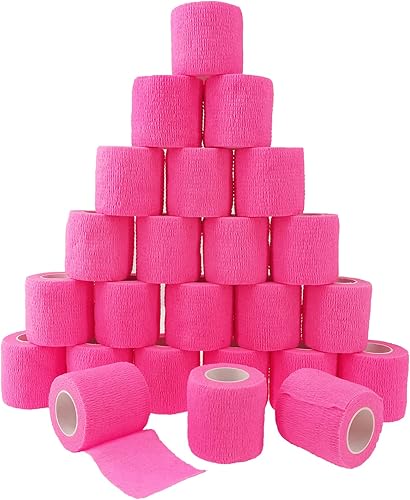 Paquete de 24 vendajes cohesivos autoadherentes, 2 pulgadas x 5 yardas, cinta adhesiva elástica no tejida rosa, envoltura elástica veterinaria para