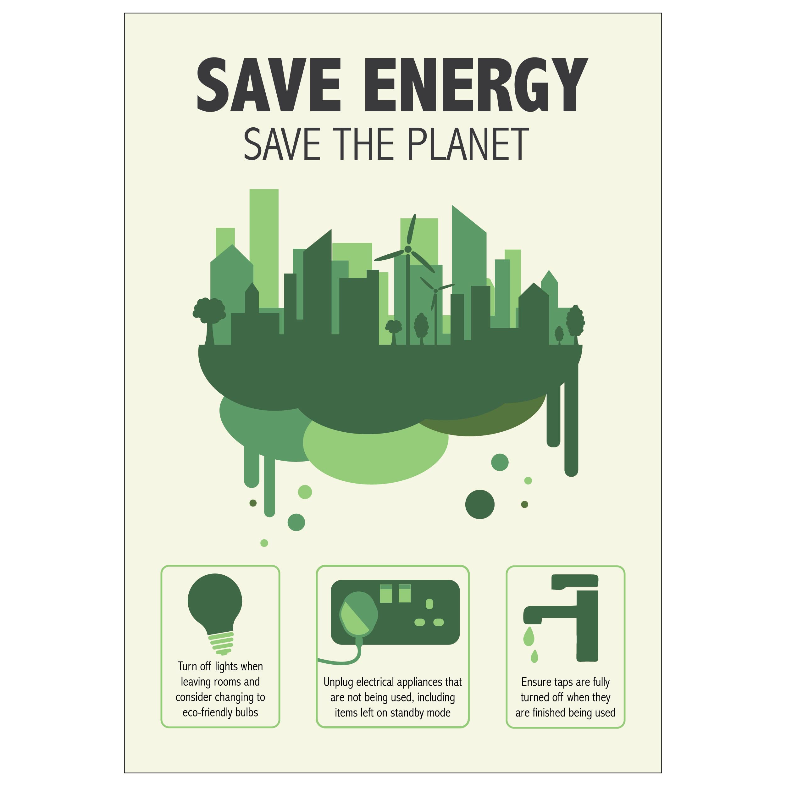 V Safety Energy Saving Poster - Save Energy Save The Planet - A3-297x420 -Polypropylene