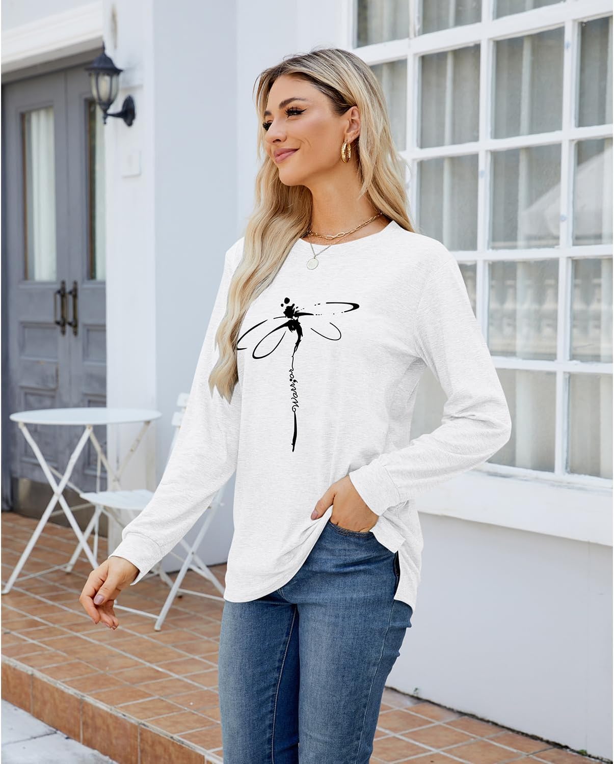 Women's Dragonfly Trendy Graphic Long Sleeve Shirts Basic Tee Fall Winter Loose Cozy Cute Pullover Tops - Image 4