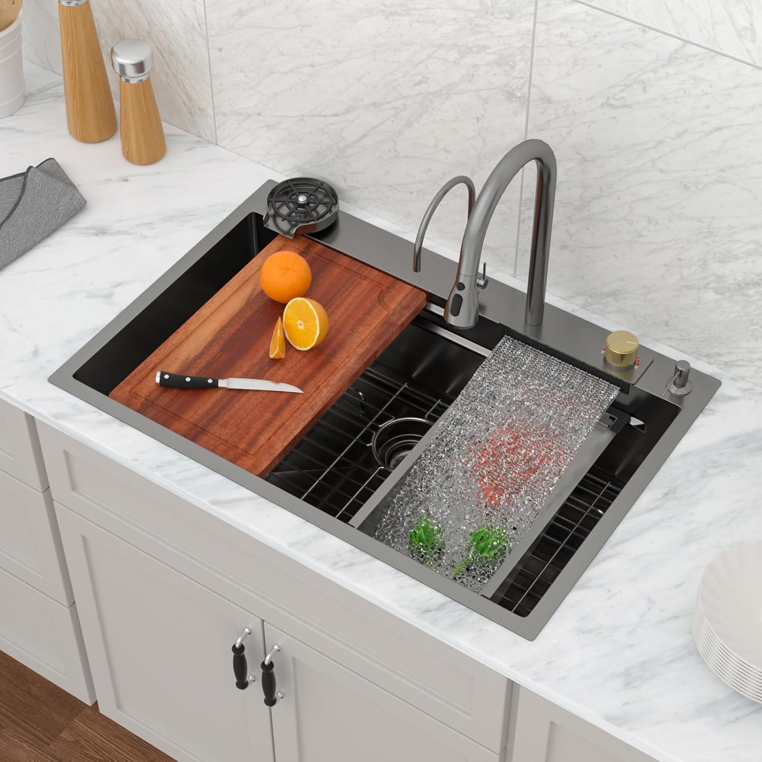 Logmey 33 Inch Waterfall Kitchen Sink Black Workstation Smart Sinks 33x22x9 Inch Drop In Kitchen Sink with faucet Combo Stainless Steel 16-Gauge Single Bowl Topmount Sinks