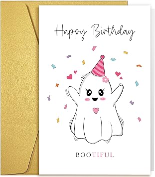 Qiliji Cute Bootiful Ghost Birthday Card, Halloween Birthday Card for Beautiful Bestie Sister Girlfriend Wife, Funny Little Ghost Bday Cards Gift for Kids Daughter Granddaughter Niece