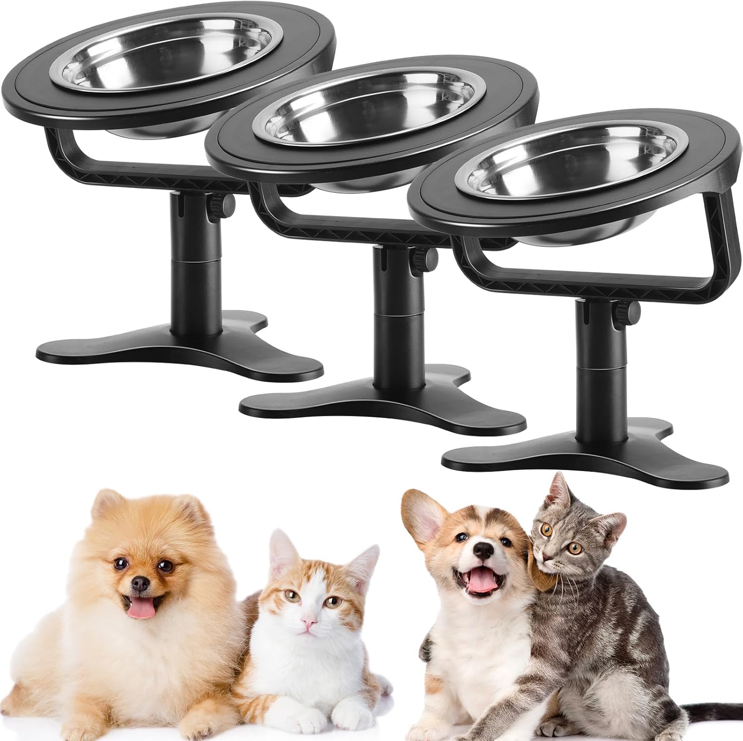 3 Pcs Adjustable Raised Cat Food Bowl Tilted Cat Elevated Food Bowl Small Slow Feeder Dog Bowls with Removable Stainless Steel Food and Water Bowl Dish for Dogs Cats Pets(Black)