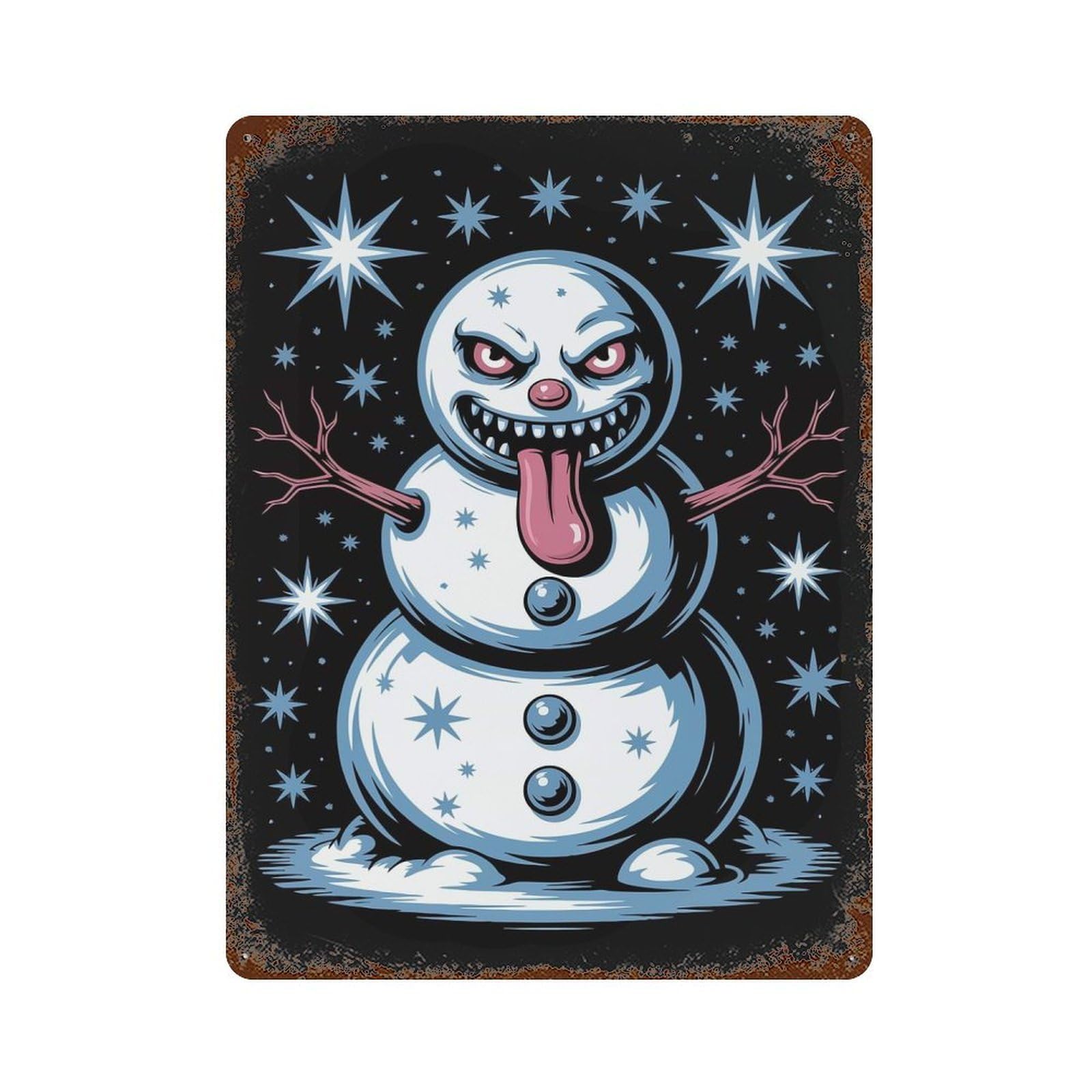 Garage Style Evil Snowman with Tongue Out Rust Effect Tin Sign 15.7"x11.8", Classic Wall Plaque for Bar And Workshop