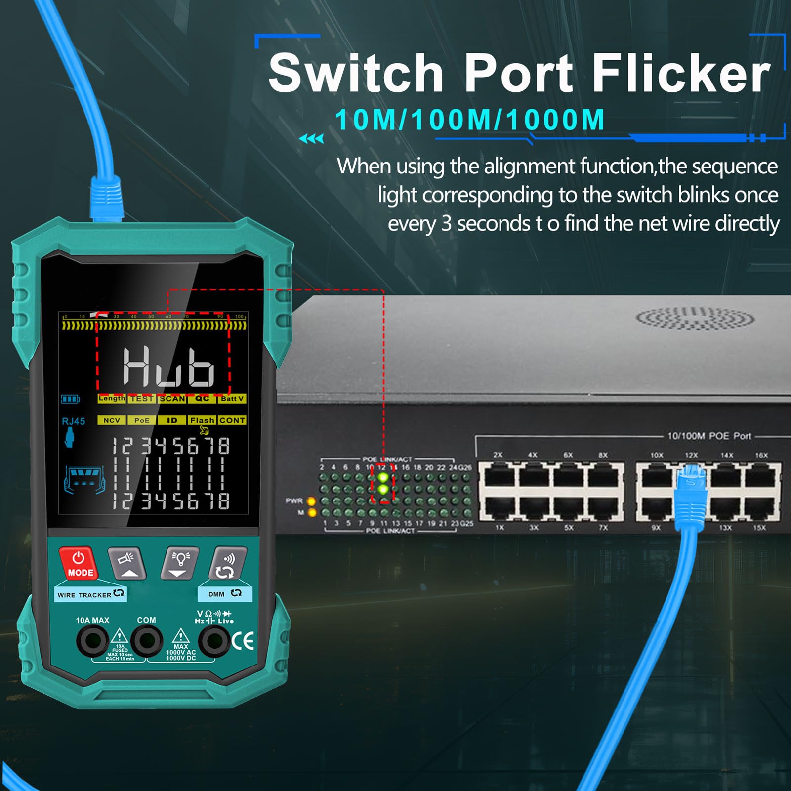 Fafeicy Tester per Cavi di Rete RJ45 Tester per Cavi Ethernet con Multimetro PoE NCV 400 M Lunghezza Porta di Misurazione Luce LED Lampeggiante per CAT5 CAT5e CAT6 CAT6A STP UTP