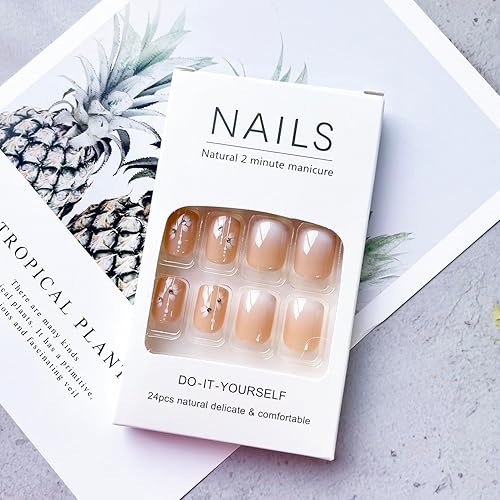 Miniatura 6 de 24 uñas postizas cortas a presión para otoño, uñas postizas cuadradas degradadas con diseños de diamantes de imitación, uñas adhesivas de flores de