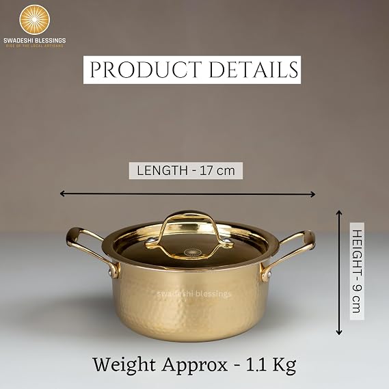 Swadeshi Blessings Exclusive Range Brass Pot for Cooking with Lid/Teflon-Free/Naturally Non-Stick Brass Utensils with Tin Coating (2 litres)