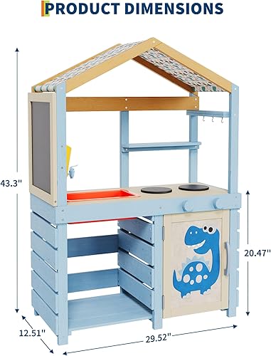 Miniatura 2 de Cocina de barro de madera al aire libre para niños, cocina de juego de madera con toldo, fregadero y grifo extraíbles, pizarra de tiza de doble