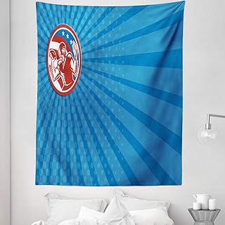 Ambesonne Sports Tapestry Twin Size, Pop Art Gridiron with Old Fashioned Visual Properties Throwing Man Print, Wall Hanging Bedspread Bed Cover Wall Decor, 68" X 88", Orange Blue Azure Blue