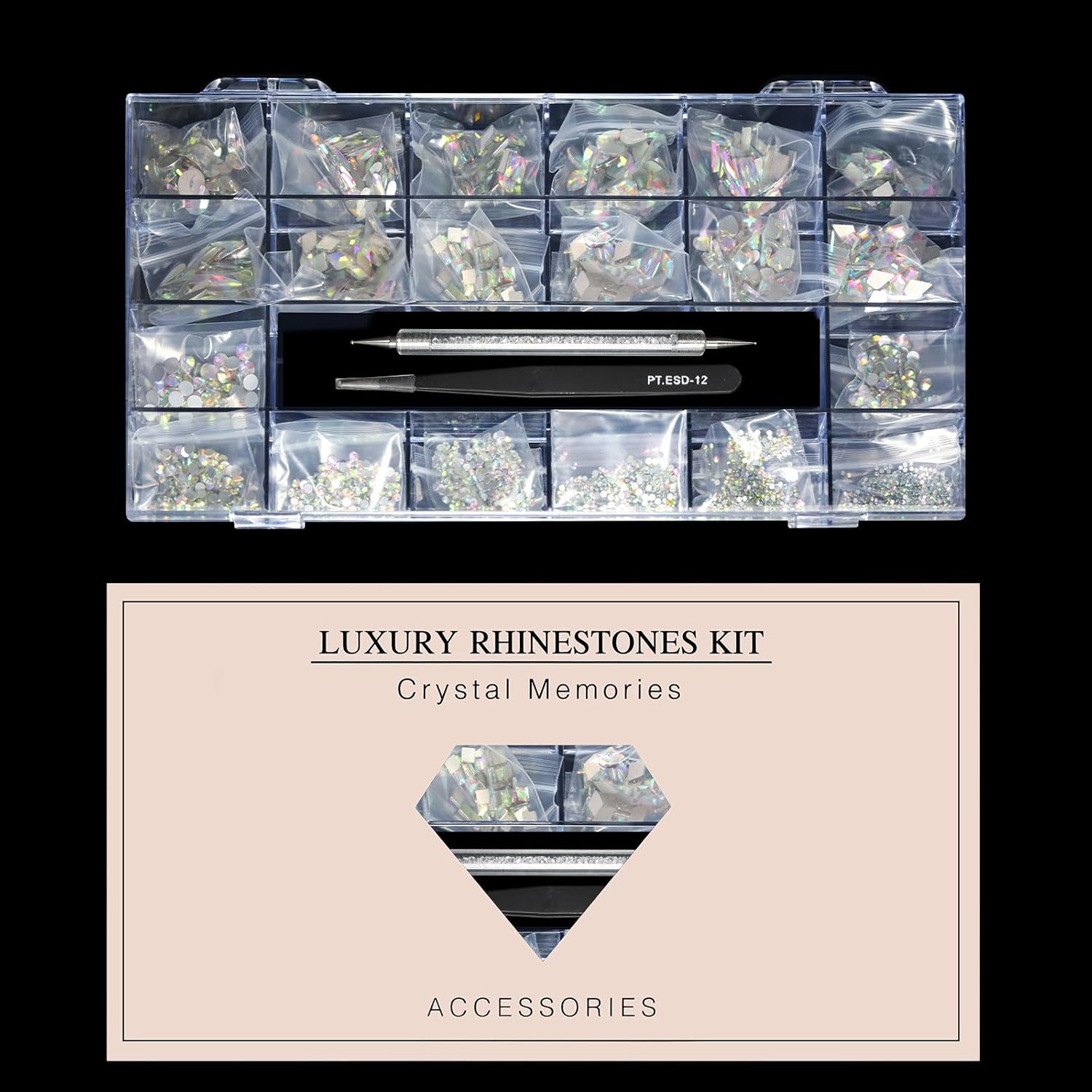 12 Types of 600 Crystal AB Diamonds + 2500 Flat Rhinestones Mix 20 Styles Flatback DIY Crafts Rhinestone Crystals 3D Ornaments Flat Back Stones Set + Tweezers + Drill Pen - Image 6