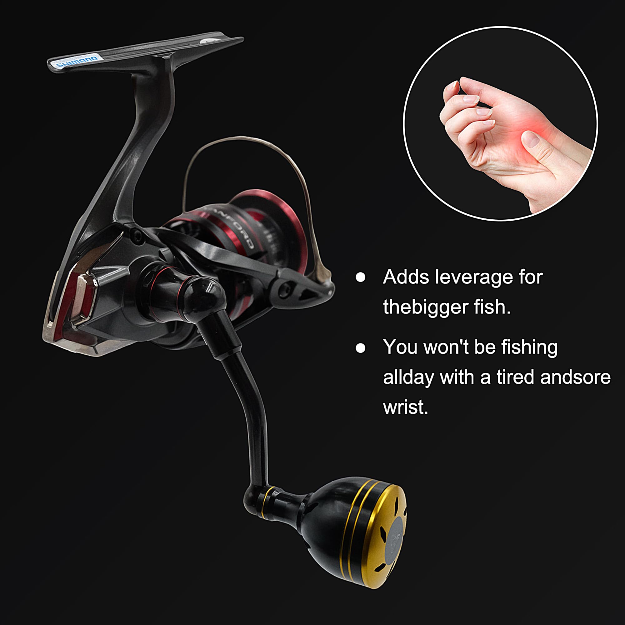 Mango de potencia de 63 mm compatible con Shimano Stradic FL/FM, Stella, Vanford, Vanquish, Nasci, reemplazo de carrete giratorio, mango de carrete de pesca dorado/negro