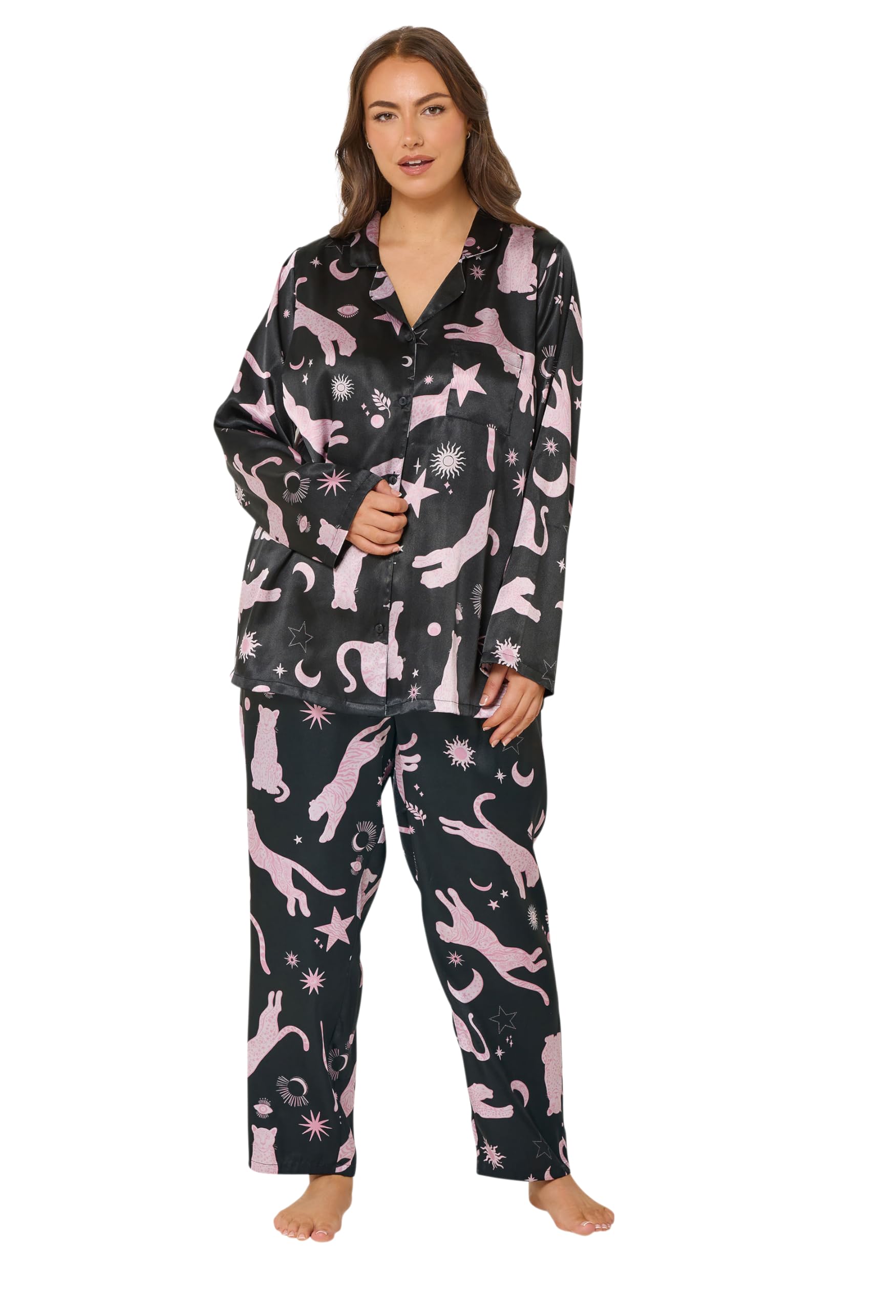 Yours Women's Black Curve Leopard Satin Pyjama Set - Plus Size Curve