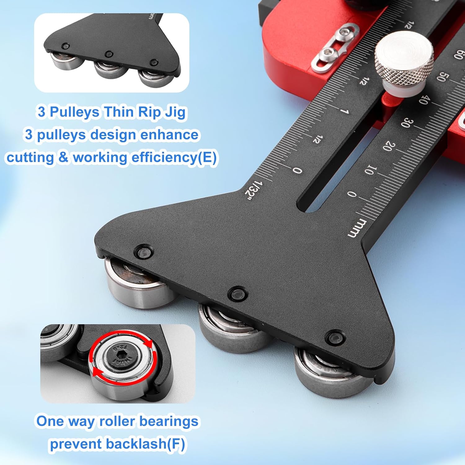 3 Pulleys Thin Rip Jig, Thin Rip Table Saw Jig Table Saw Jig Guide Woodworking Tools Fast Thin Ripping Guide, Narrow Strip Cut for 3/8 x 3/4 U Slot, 1/4 x 3/8 T Slot, Safe and Fast Ripping Guide