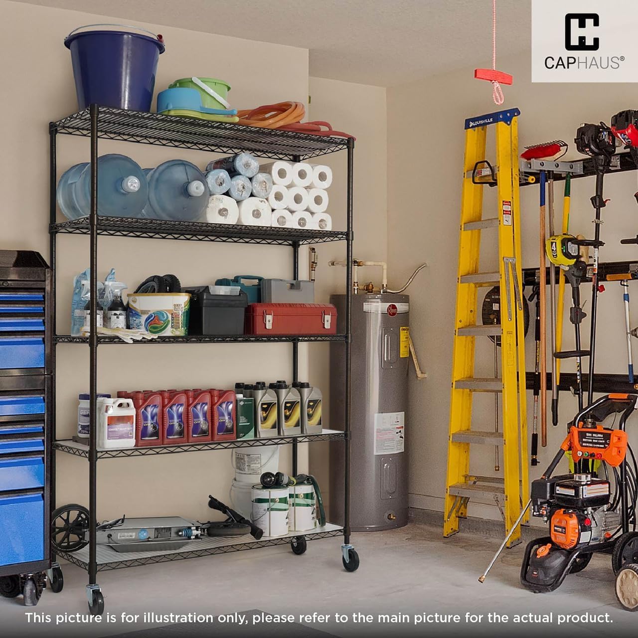A CAPHAUS shelving unit in a garage setting, storing various tools, supplies, and containers.