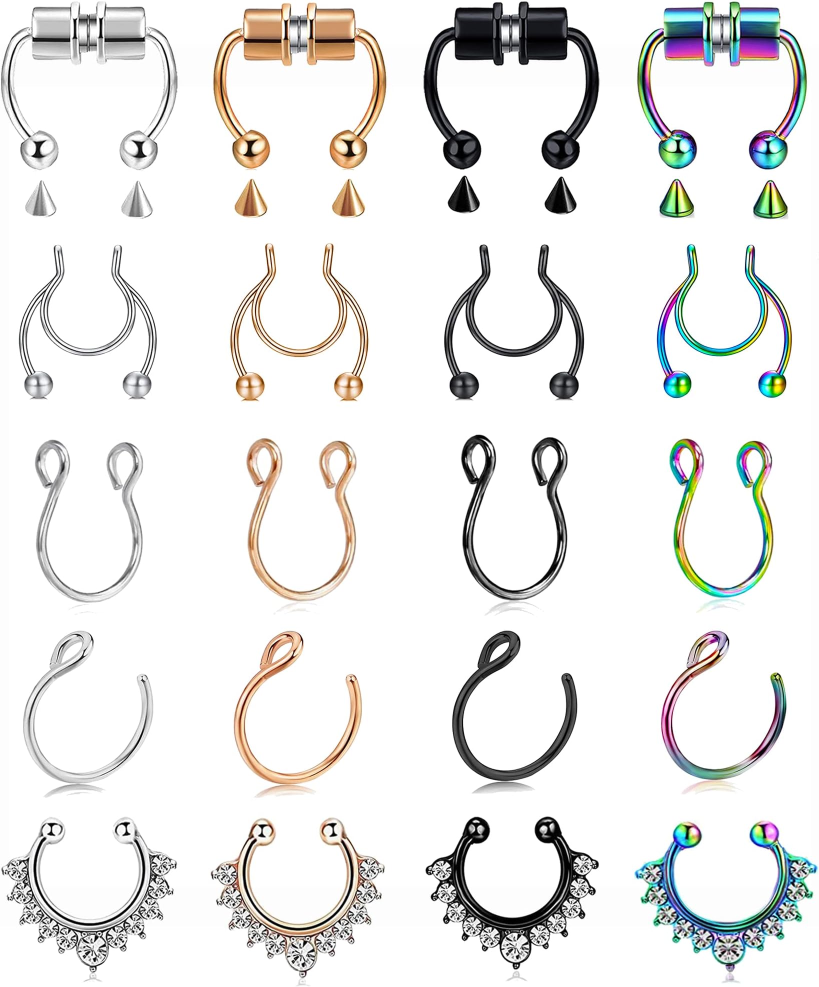 Fake Nose Ring Hoop Fake Nose Stud Magnetic Septum Nose Ring Stud Stainless Steel CZ Fake Nose Piercing Stud Faux Nose Ear Lip Cuffs Non Pierced Jewelry for Women Men