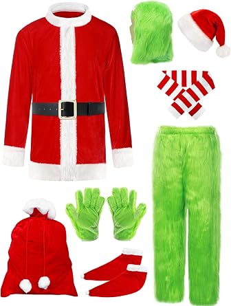 Christmas Green Big Monster Costume for Men, 11PCS Deluxe Furry Santa Claus Costume Suit with Mask