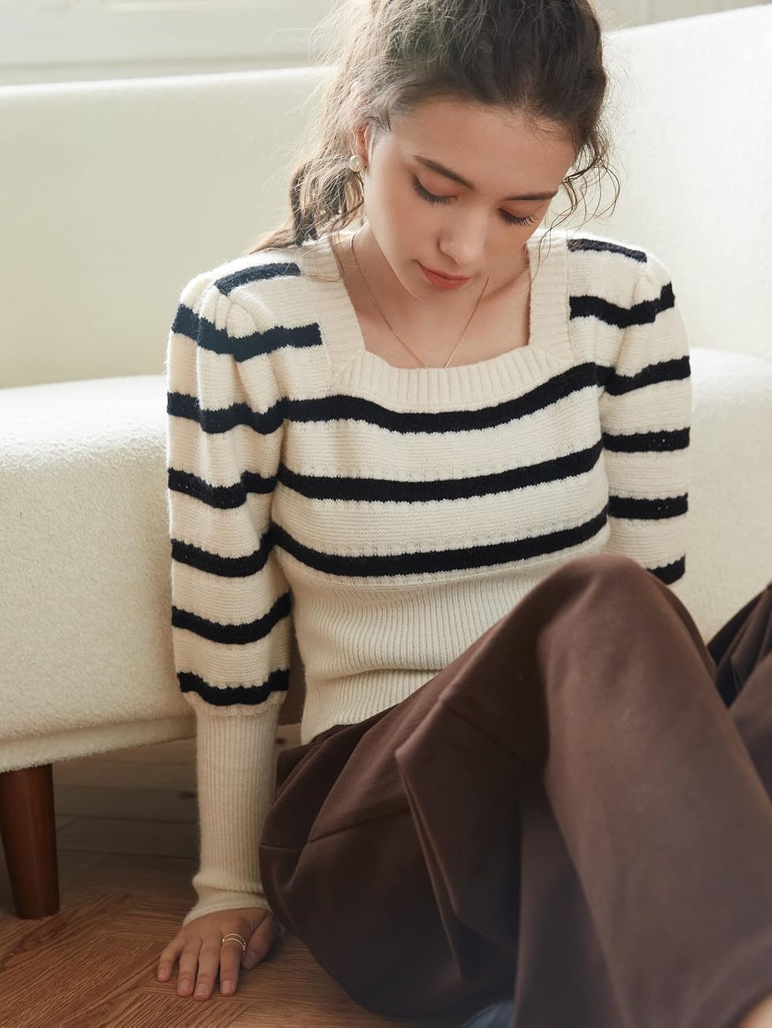 Women's Sweater Striped Pattern Gigot Sleeve Sweater Sweater for Women (Color : Beige, Size : Medium)