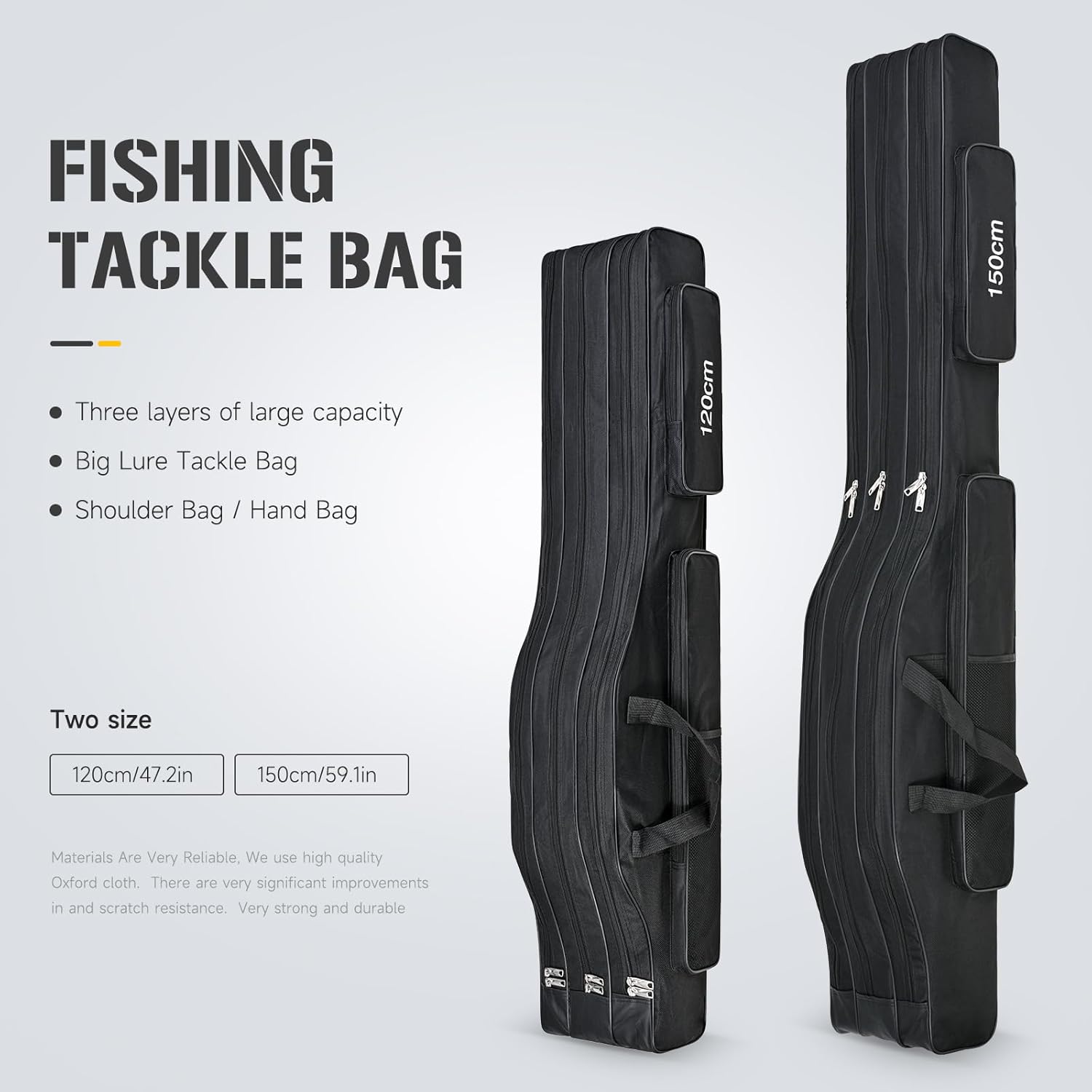 LEOFISHING Portable 3 Layers Fishing Pole Bag Durable Oxford Folding Fishing Rod Reel Carry Case Tackle Storage Bag Case Waterproof Camouflage Travel Fishing Carrier (Black, 150cm/59in)