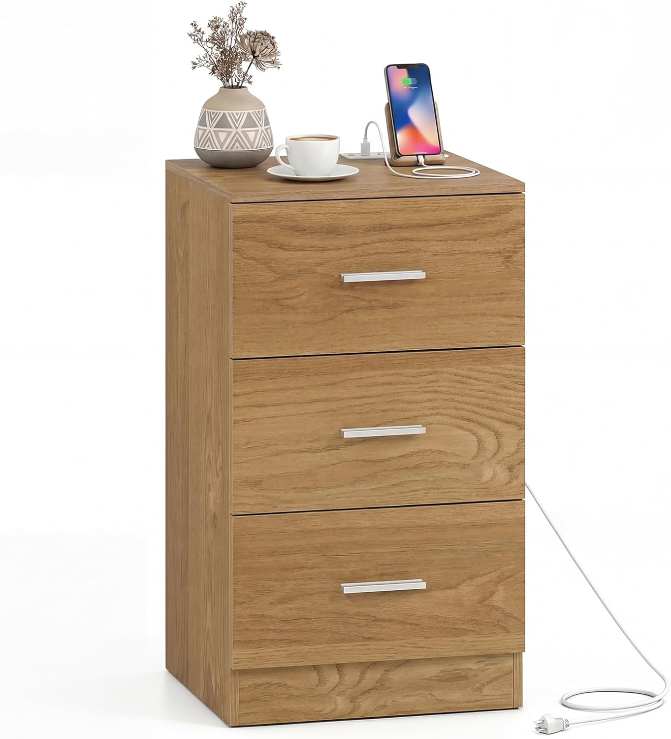 KOMFOTT 3-Drawer Nightstand, Modern Drawer Organizer with Power Outlet, Compact Bedside Storage End Table for Bedroom, Small Spaces (Natural,1)