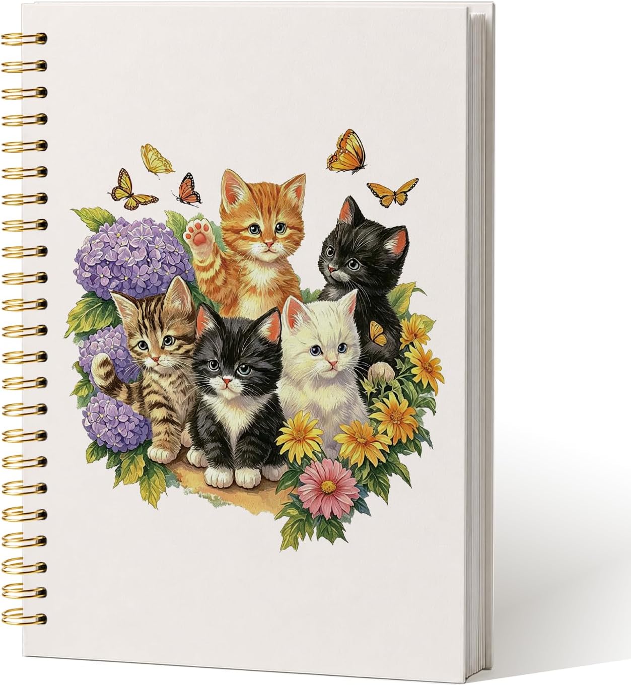 Cute Cat Floral Notebook Journal,Cat Lovers Mom Lady Gifts for Girls Women,Pet Lover Gifts,Cottagecore Hydrangea Flower Kitten Butterfly Spiral Notebook Journal,5.8x8.3 in