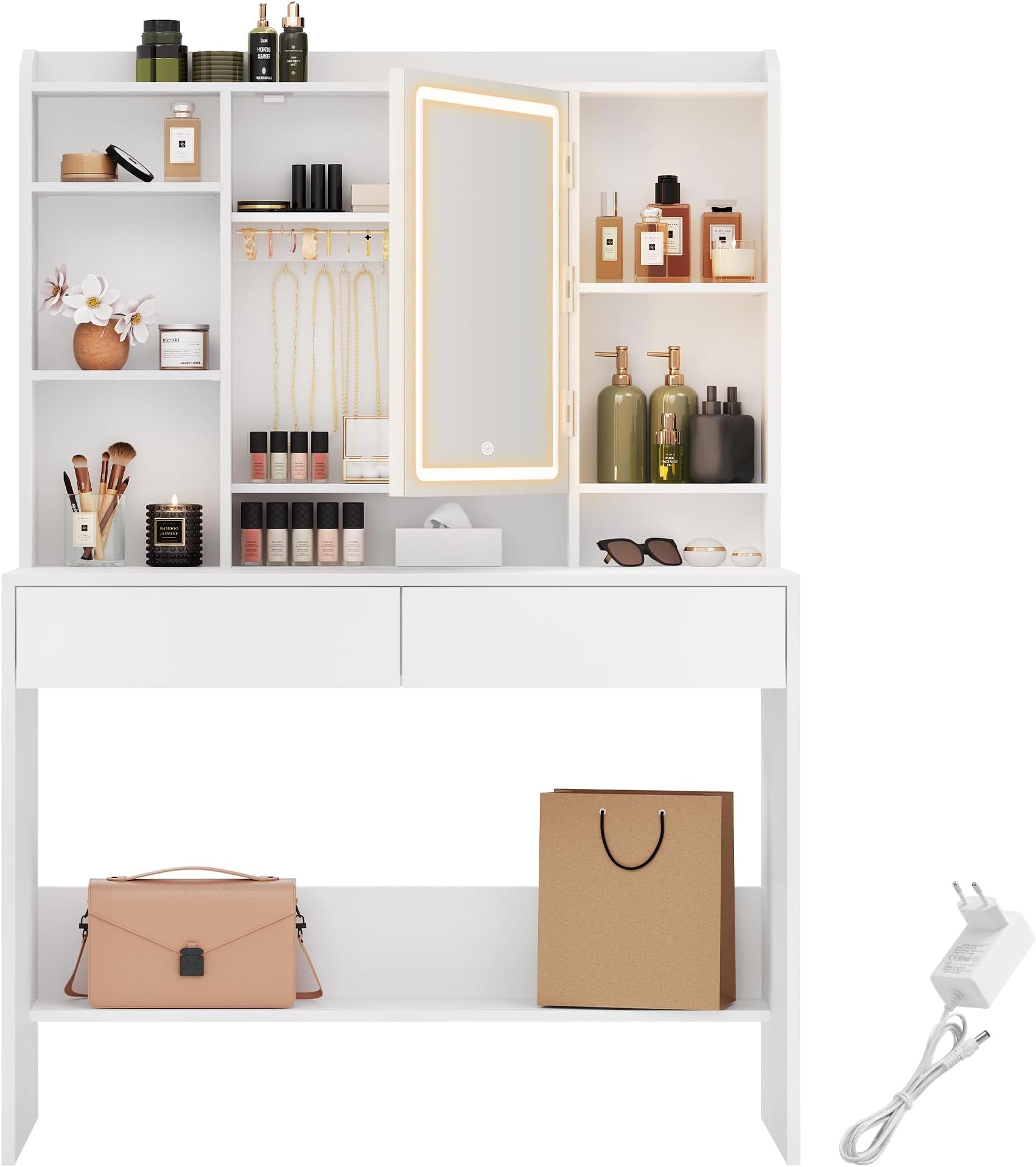 Toeletta Da Trucco Lestarain Con Specchio E Luci LED - 2 Cassetti, Scaffale, Bianco E Oro, 90x45x137,5 Cm - Foto 10