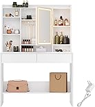 VASAGLE Schminktisch mit LED-Beleuchtung, 3 Farben mit Einstellbarer Helligkeit, Frisiertisch mit Spiegel für Make-up, Kosmetiktisch mit verstellbaren Ablagen, 2 Schubladen, modern, weiß RDT123T14