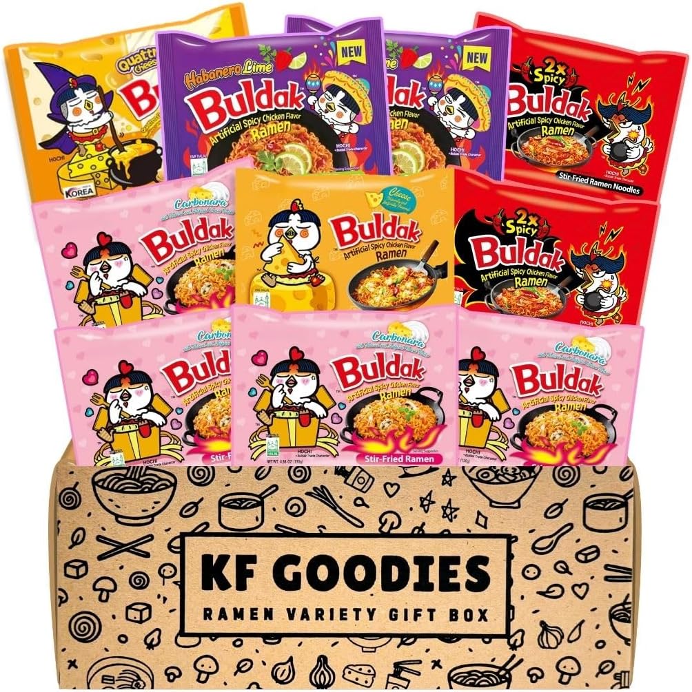 KF GOODIES Korean Ramen Variety Pack Gift Box (10 Count) – Spicy Buldak Noodle Assortment for Birthdays, College Care Packages, Office Snacks, and Gift Baskets