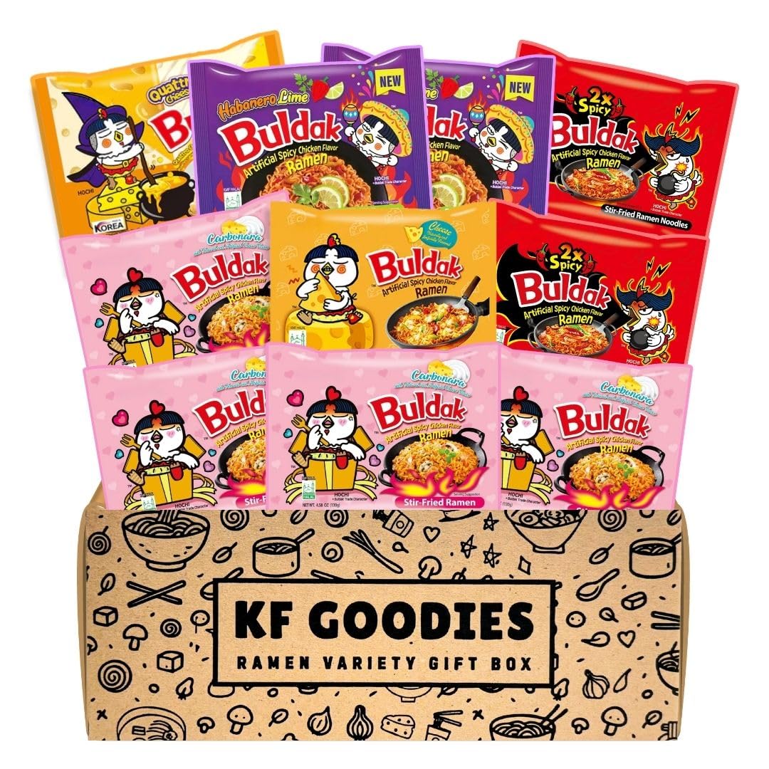 KF GOODIES Korean Ramen Variety Pack Gift Box (10 Count) – Spicy Buldak Noodle Assortment for Birthdays, College Care Packages, Office Snacks, and Gift Baskets