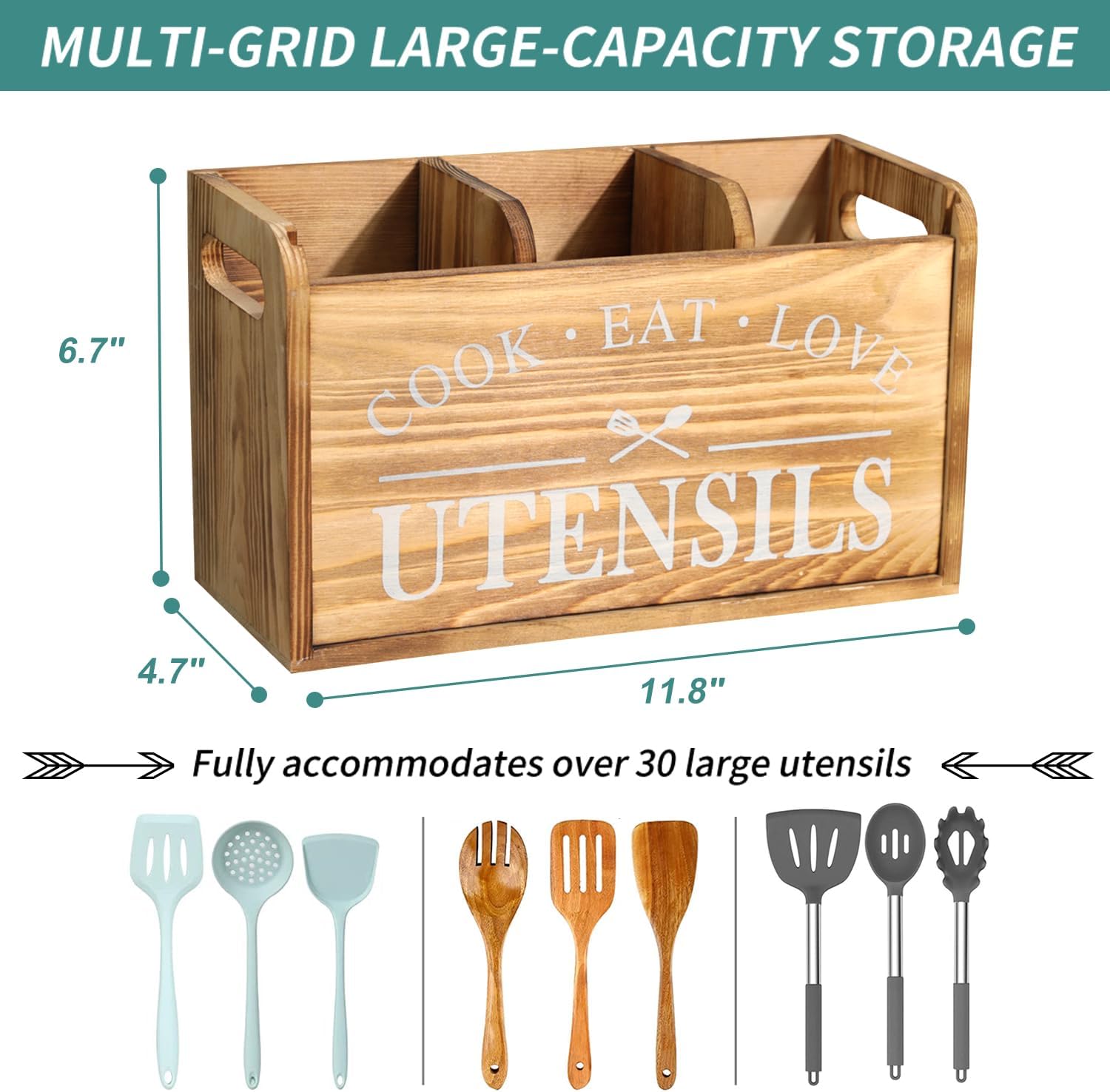 Kitchen Utensil Holder for Countertop, Large Solid Wood Farmhouse Cooking Utensils Organizer for Kitchen Counter, 3 Compartments Utensil Spoon Holder Tool Storage for Home Decor (Burned wood)