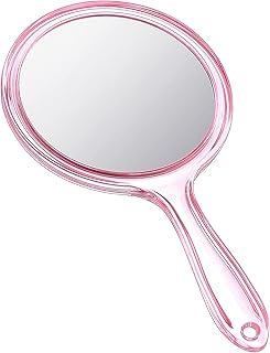 Hand Mirror Double Sided Handheld Mirror 1X/ 2X Magnifying Mirror With Handle Mirror Rounded Shape Makeup Mirror (Pink) - Plastic