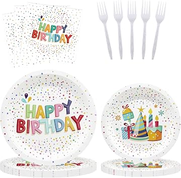 Happy Birthday Party Decorations, 96 Pcs Confetti Birthday Party Tableware Set, Party Table Colorful Decorations Supplies Include 7 Inch and 9 Inch Paper Plates, Napkins and Forks for 24 Guests