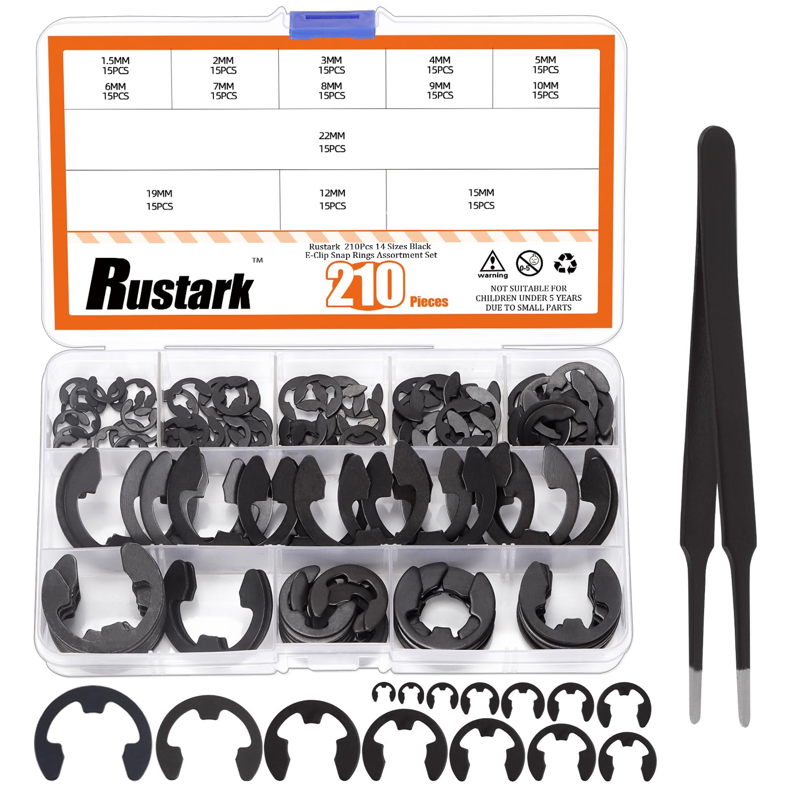 Rustark 211PCS 14 Sizes Black E-Clip External Retaining Rings Assortment Kit Alloy Steel E Clip Circlip Rings E-Clips Retainer Circlip Rings Washers E-Clips Assortment Set for Gears Pulleys Axles