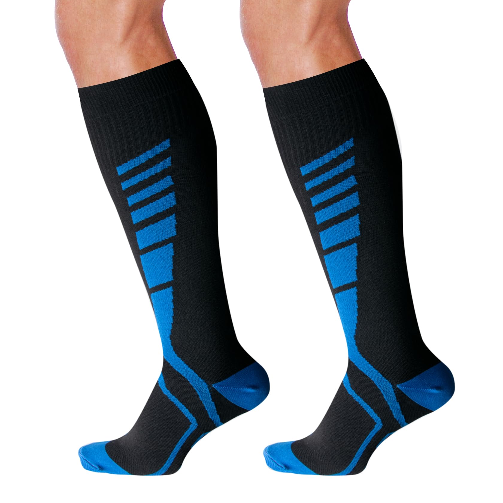 1 par de Calcetines de Compresión para Hombres y Mujeres, Medias de Compresión Graduada Hasta la Rodilla para Viajes en Avión, para Correr, Ciclismo y Esquí, L/XL, Negro y Azul