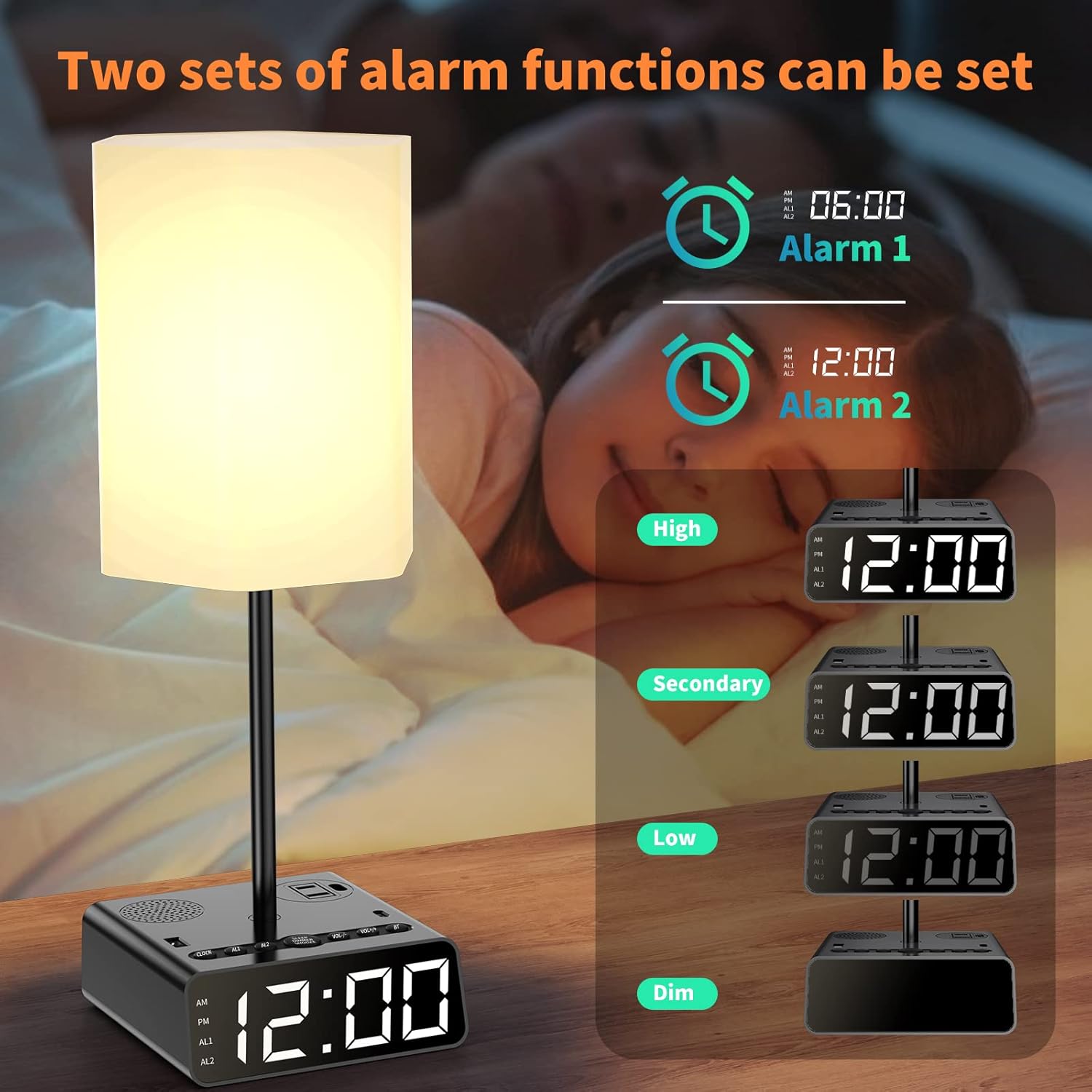 Table Lamp Alarm Clock with USB Ports and AC Outlet, Beside Lamp with Charging Station Speakers and Radio, Power Outlet with Touch Control 3-Way Dimmable Nightstand Lamp for Kids Study Room, Bedroom - Image 4