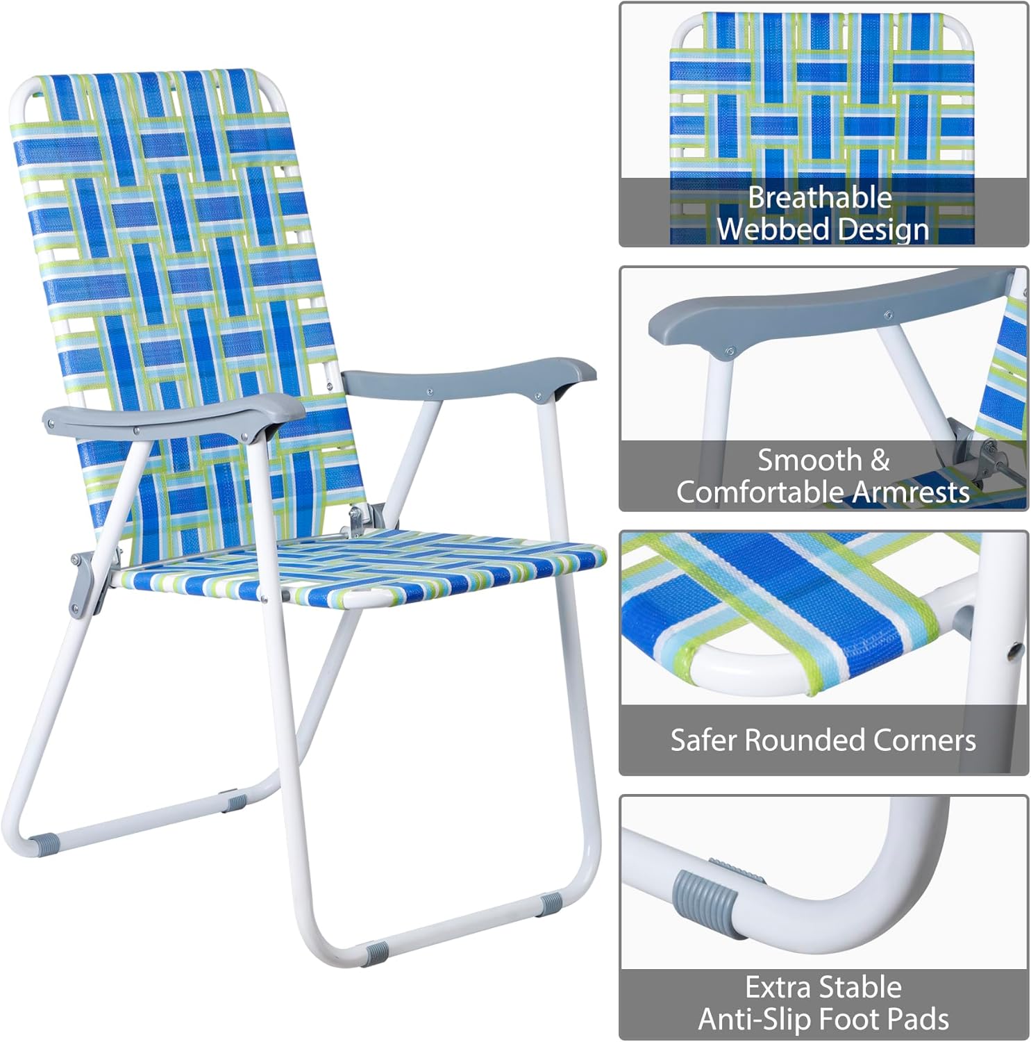 SUPER DEAL Folding Webbed Patio Lawn Chairs Set of 2, Outdoor Beach Chairs Portable Camping Chair for Yard, Garden,Camping, Dining, Blue