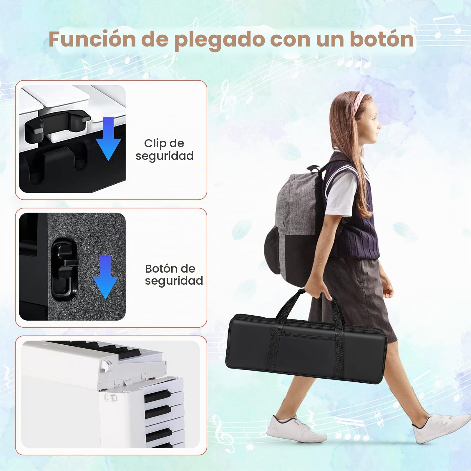 RELAX4LIFE Teclado Electrónico Plegable con 88 Teclas, Piano Digital con Bolsa y Lectura, Pantalla LCD y Teclas Iluminadas LED, Piano Digital con 2 Modos de Enseñanza (Blanco)