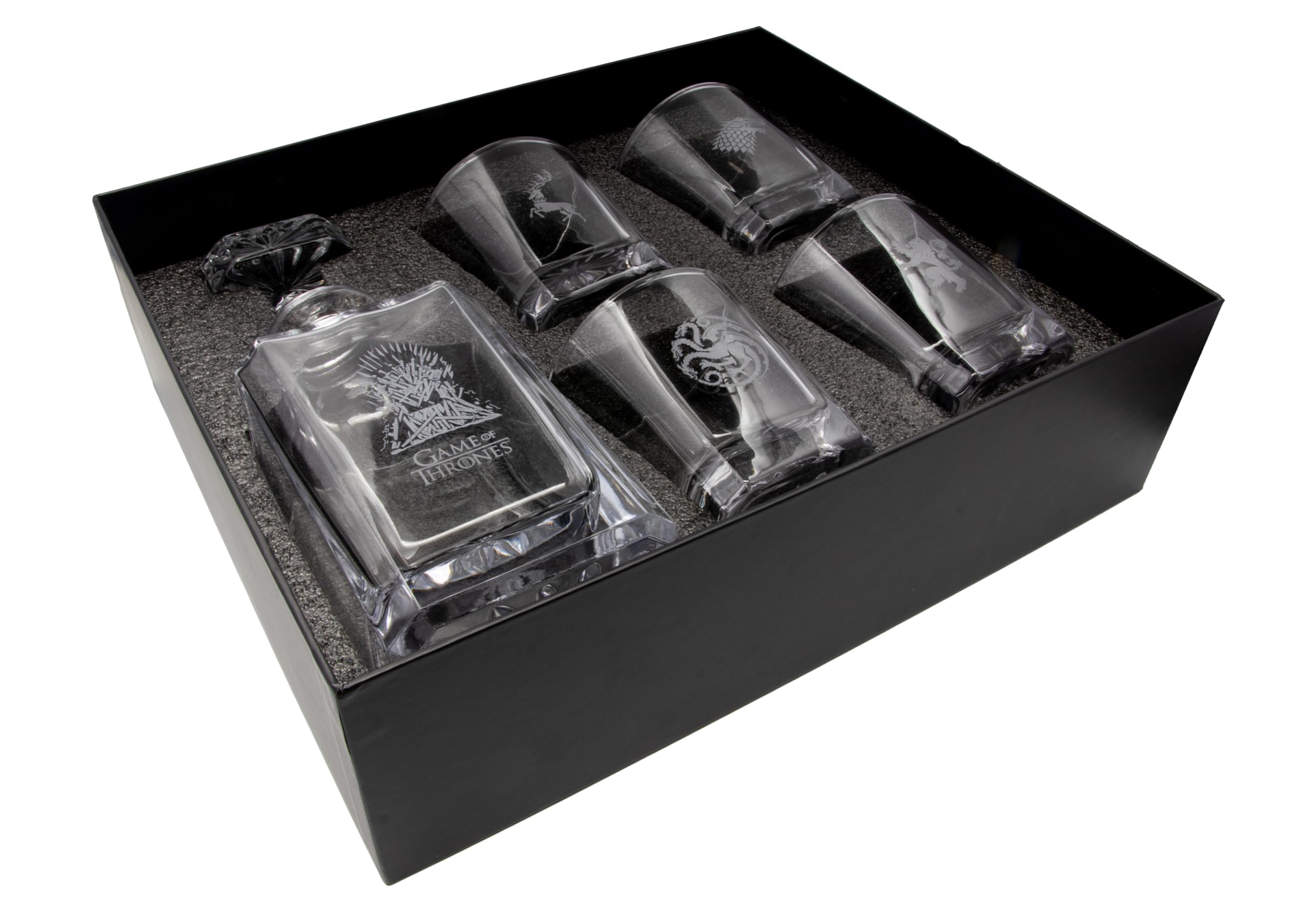 Game of Thrones Whiskey Set mit 4 Whiskeygläser und Whiskeyflasche mit Gravur - in hochwertiger Geschenkverpackung