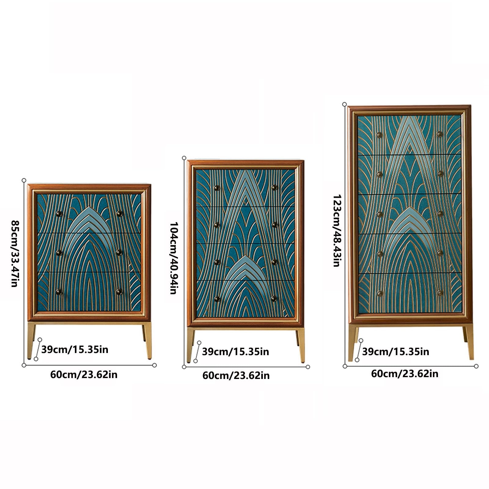 Cassettiera in legno blu, mobiletto decorativo autoportante con gambe, soluzione elegante per soggiorno e camera da letto, 60 x 39 x 85 cm, comò con ampio cassetto