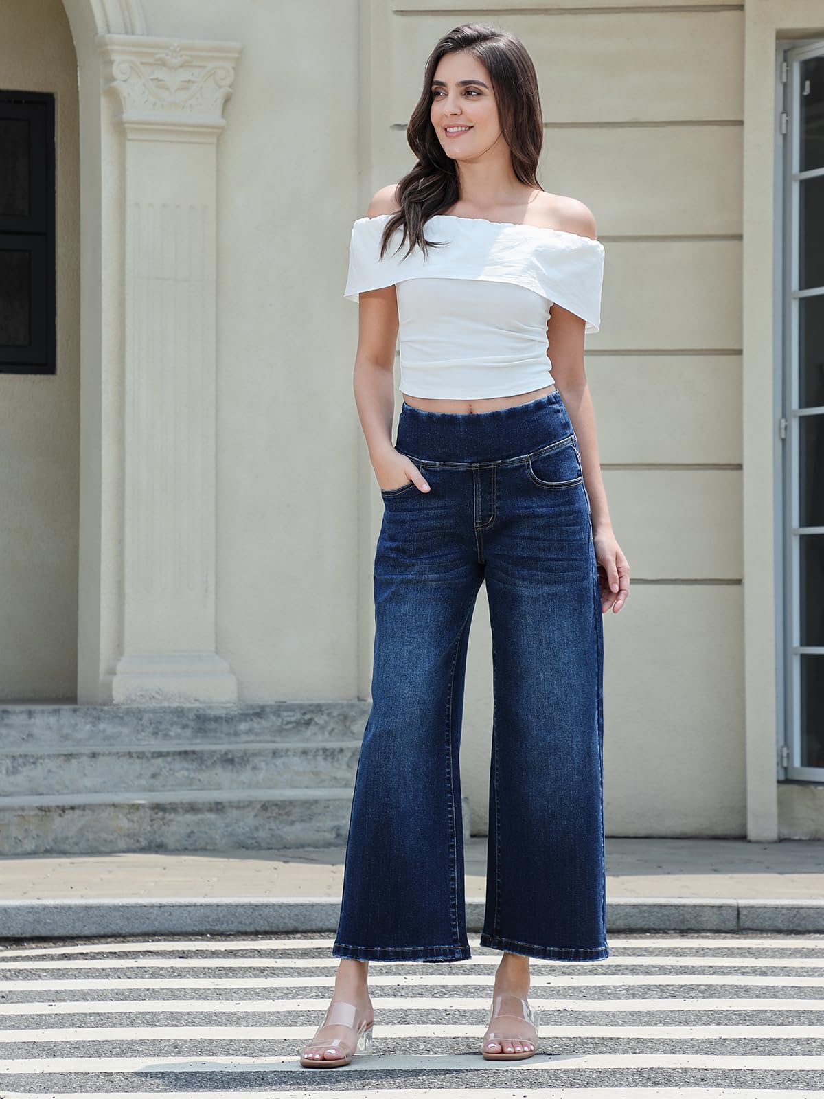 Vaqueros Mujer Elásticos, Tiro Alto con Control de Vientre, Pantalones Anchos de Pierna Recta Crop Elegantes
