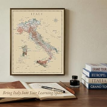 Italy Detailed Map Wall Art - Vintage Map of Italy, Italian Wall Decor, Italy Painting Themed Poster for Home Decor and Office Decor Unique Travel Art Print Room Decor Print (8x10)