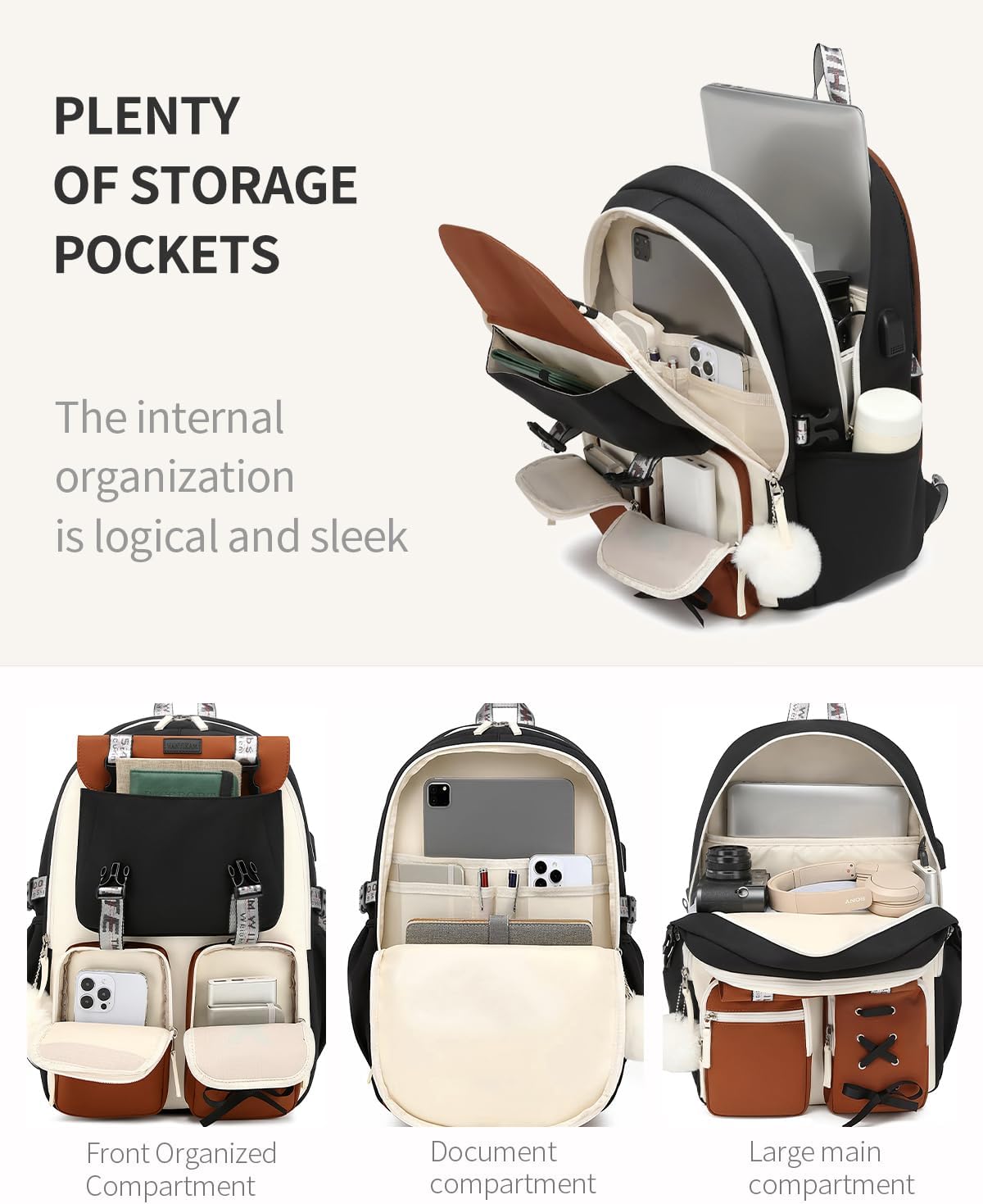 School Backpack for Teen Girls,3PCS Kids Backpack with Lunch Bag Pencil Case, Cute Bookbag for Elementary Middle High School College, 15.6 Inch Laptop Computer Bag Travel Backpack, Black Beige Brown image 2